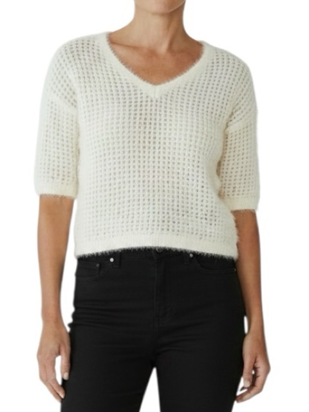 Joseph A open fuzzy knit short sleeve cropped v-neck sweater excellent condition